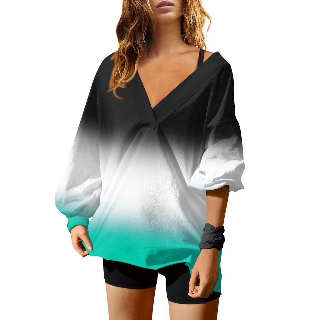 Женская мода градиентный цвет V-образный вырез длинный рукав свободный пуловер свитшот топ