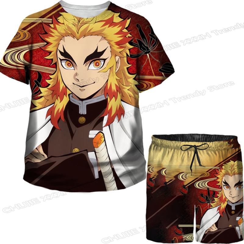 Детские топы/брюки/костюм с 3D принтом японского аниме «Убийца демонов» для девочек Kimetsu No Yaiba Tomioka Giyuu, комплект футболок и шорт с мультяшным рисунком