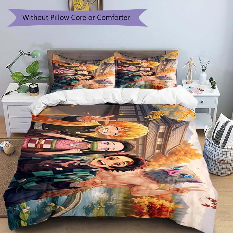 3pcs Duvet Cover Set (1*Duvet Cover + 2*Pillowcase, Without Core), Demon Slayer Print Bedding Set, Bedroom Decor, All‑Season, Birthday Gift