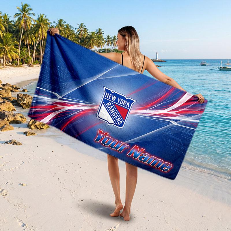 New York Rangers Customized Name Text Beach Towel, Soft Absorbent Towel Beach Pool Travel Personal Gift