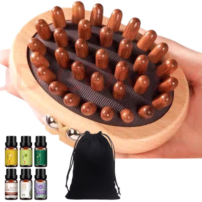 Массажная щетка из грушевого дерева для меридианов: Дренаж меридианов всего тела, сжигание жира, скребок для живота из чистой латуни.