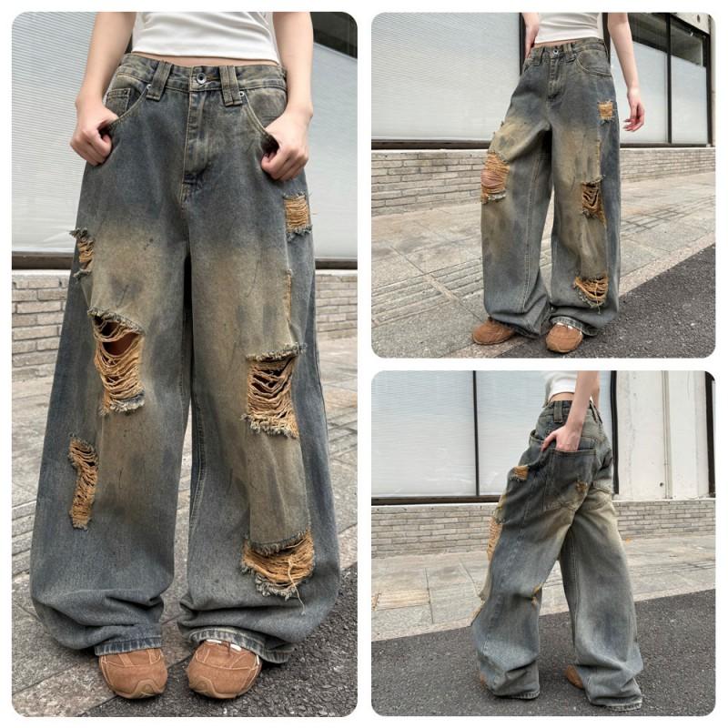 Unisex Distressed Oversized Denim Jeans Vintage Wash Straight Cut Low Rise Ripped Streetwear