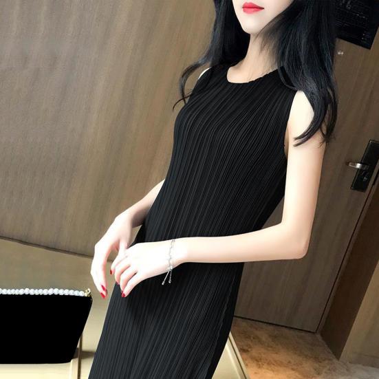 Женское платье-жилет с плиссировкой, свободный круглый вырез, однотонный, прямой, для поездок на работу