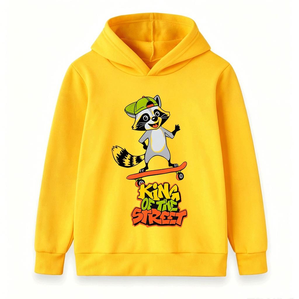 Kids Boys Girls Pullover Hoodie, Cartoon Raccoon Skateboard King Of The Street Print Casual Long Sleeve Hooded Sweatshirt Teen Streetwear Daily Wear
