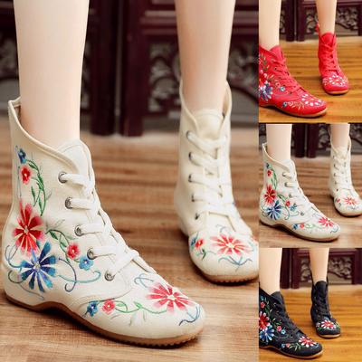 Женские ботильоны с вышивкой, спортивные короткие сапоги на квадратном каблуке с цветочным принтом
