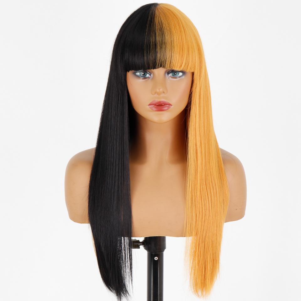 MISS WIG Women Fashion Long Straight Light Blonde Color Wig with Blunt Bangs Synthetic Fiber Daily Wear Long Straight Wig