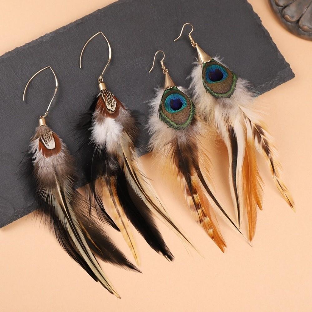 Boho Long Feather Dangle Earrings Ethnic Peacock Tassel Earrings Beach Vacation
