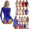 Womens Glossy Bodysuit Long Sleeve Round Neck High Cut Leotard for Dance Performances