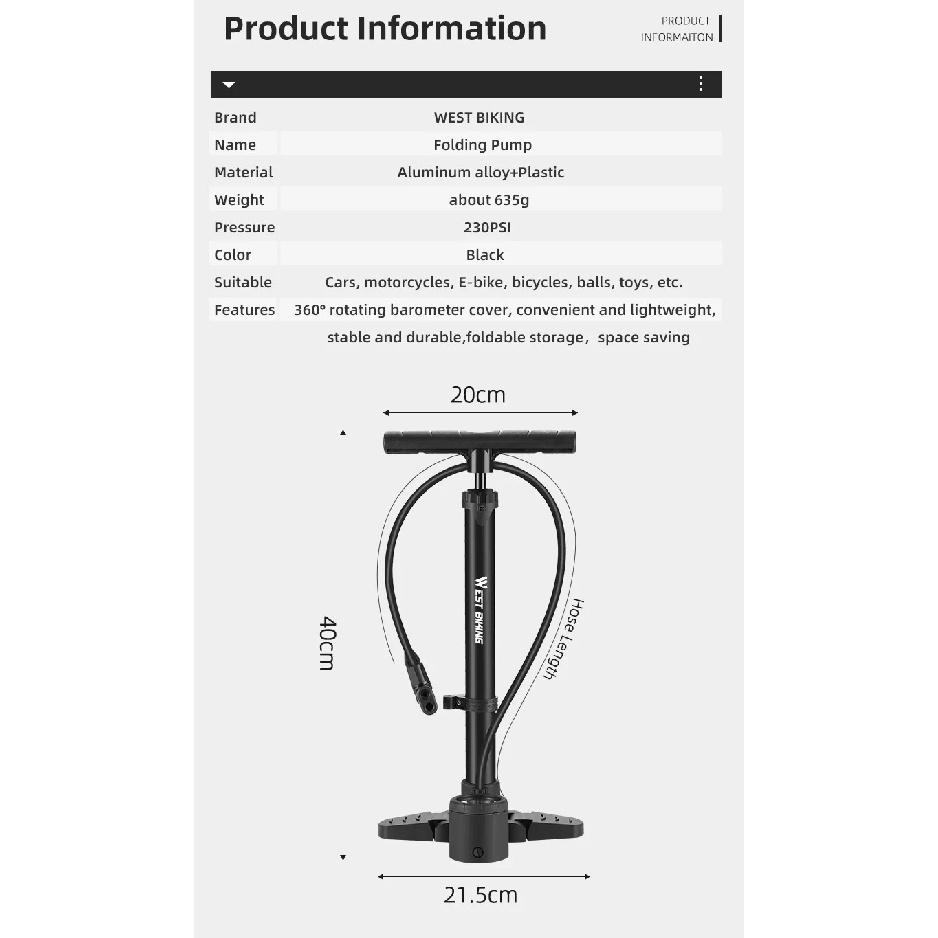 WEST BIKING 230 PSI High Pressure Bicycle Pump Foldable Lightweight MTB Road Bike Pump Aluminum Alloy Tire Inflator Cycling Tool