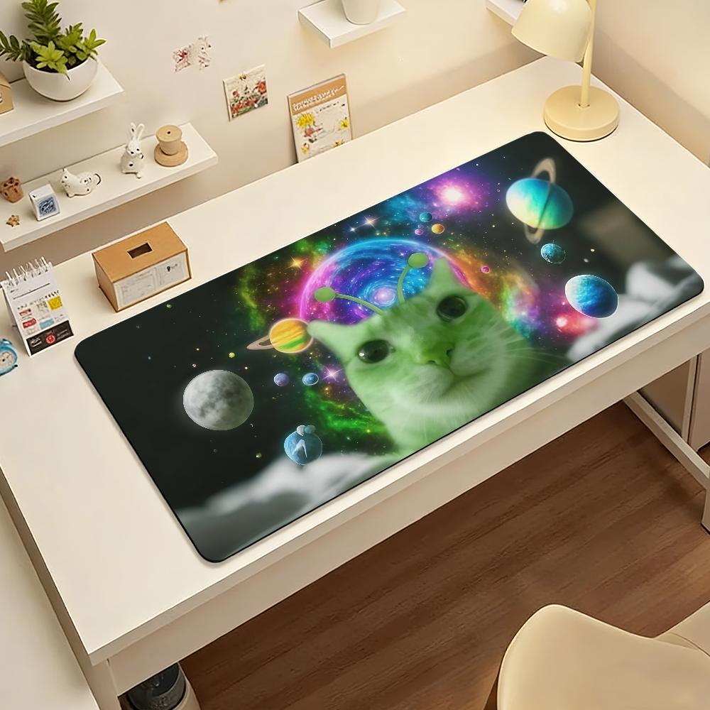Игровой коврик для мыши Большой коврик для стола Нескользящая резиновая основа Прошитые края Забавный мем Кот Художественный принт Расширенный офисный коврик для геймера