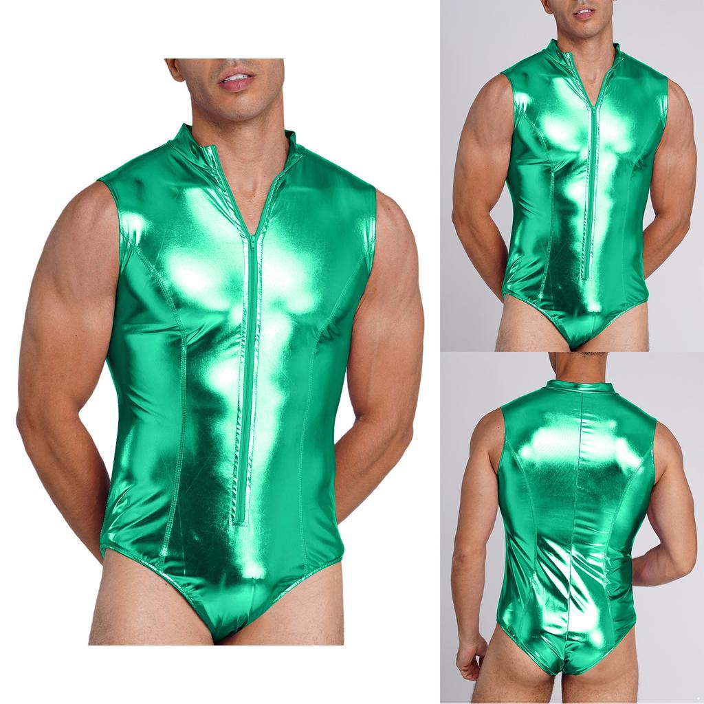 Men Metallic Shiny Bodysuit Clubwear Swimwear Mock Neck Sleeveless Front Zip-up Leotard One Piece Bathing Suit for Rave Party