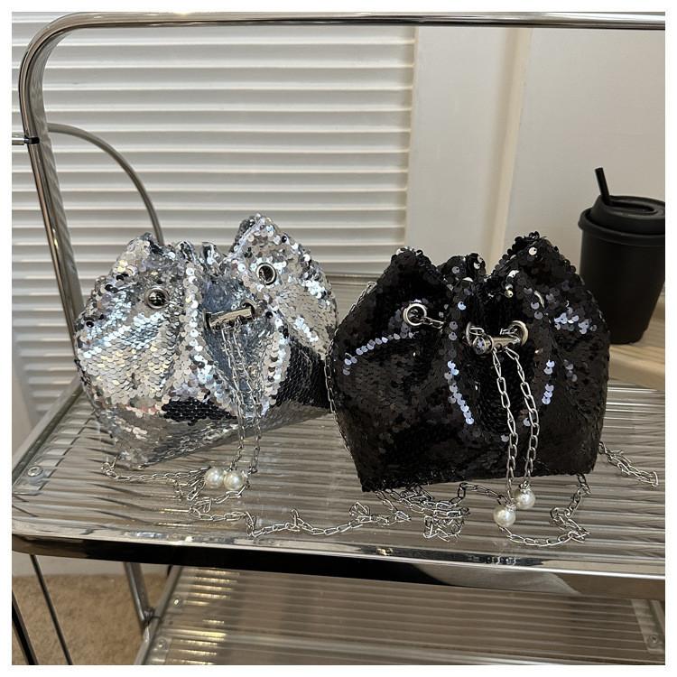 Trendy Chain Bucket Bag 2023 Summer New Sequin Shoulder Bag Street Fashion Commuter Crossbody Bag