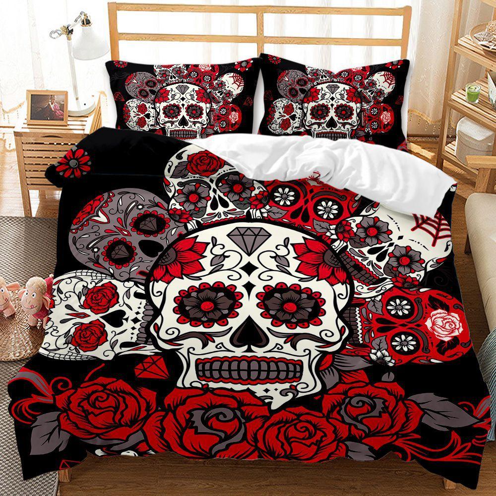 3D Skull Head Pattern Fashion Home Bedding Single Double Bed Full Size Pillowcase and Quilt Cover 2/3 Pieces of Microfiber Home Decoration