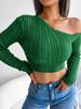 Зеленый свитер с длинным рукавом, пуловеры с открытыми плечами, укороченные свитера, джемперы, женская уличная одежда, однотонный тонкий фиолетовый вязаный свитер