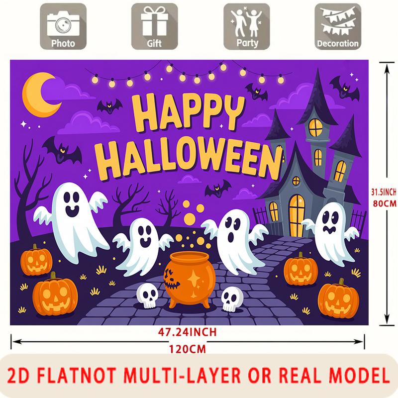 Party Backdrop Halloween Castle Purple Flat Ghosts Pumpkins Multi Layered Celebrations Event Backdrop Decoration Front Door Decor