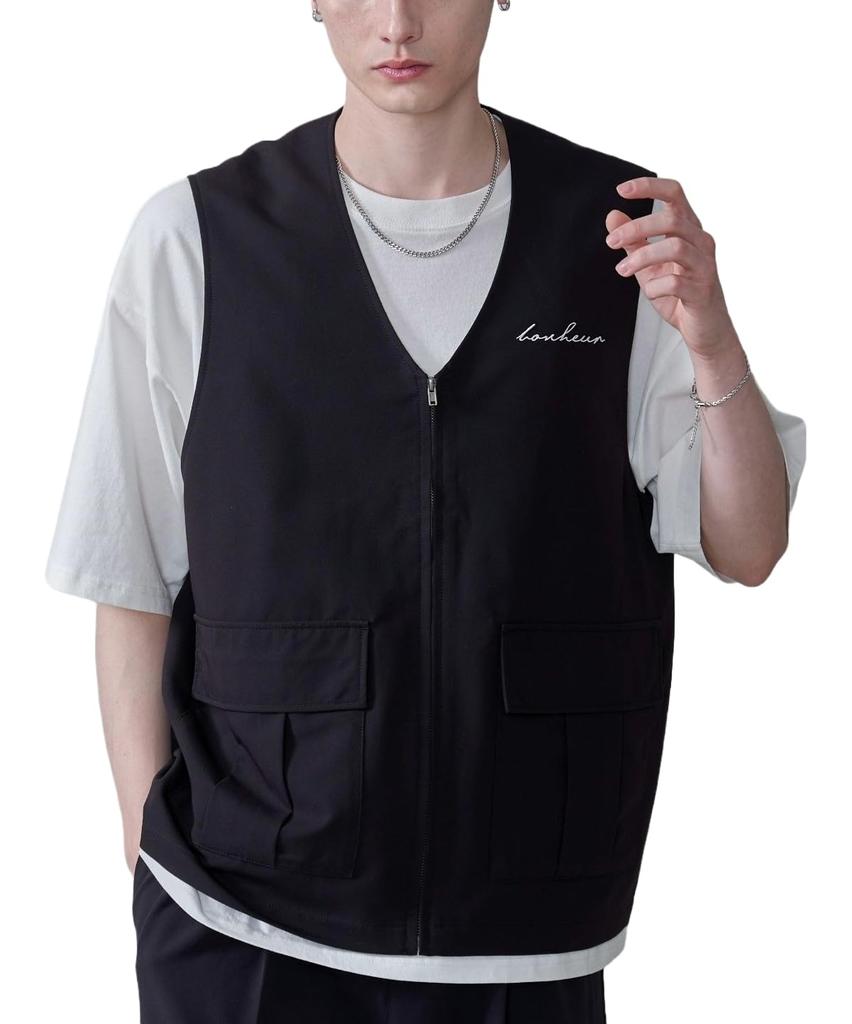 WEGO Tailored Pocket Zipper Size Summer Perfect Gift Men's Vest, F, Black, Outerwear,