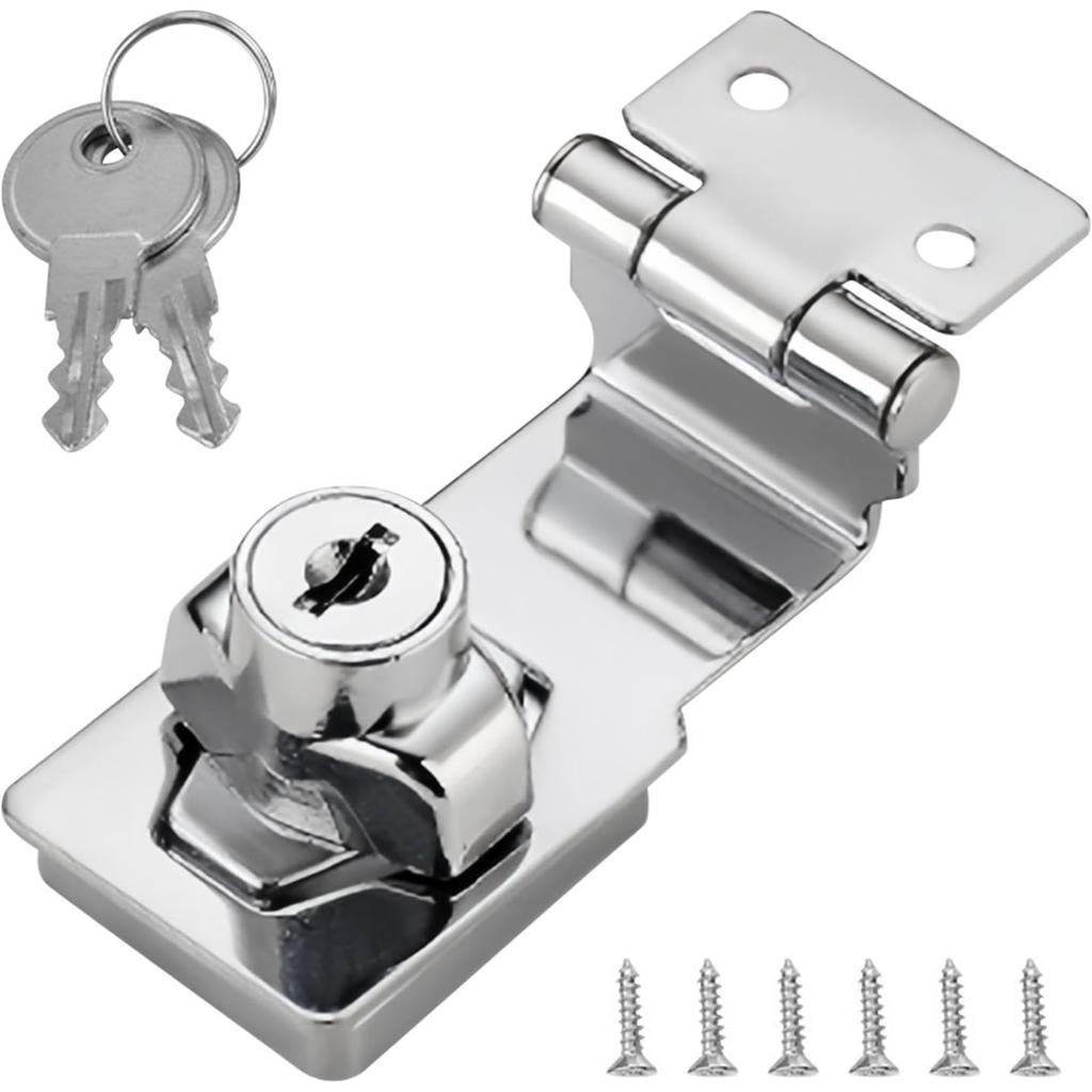 EMVANV Keyed Hasp Lock, 90 Degrees Lock Hasp T-wist Knob Keyed Locking Hasp Safety Door Clasp for Small Doors Drawer and Cabinets(Silver)