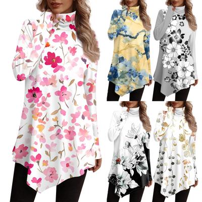 Повседневная модная рубашка с принтом, топы с высоким воротом и нерегулярным подолом, пуловеры с длинными рукавами