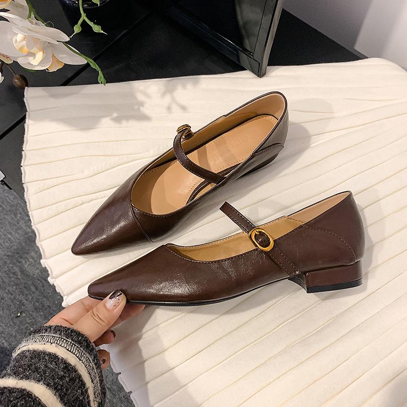 Версия из овчины остроносые кожаные туфли Мэри Джейн ретро низкий каблук универсальные туфли на плоской подошве