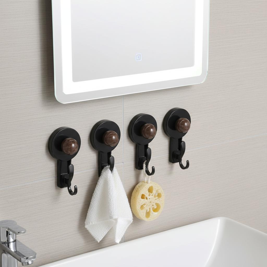 Solid Black Wood Grain Suction Hook No Residue for Wall and Door Organization