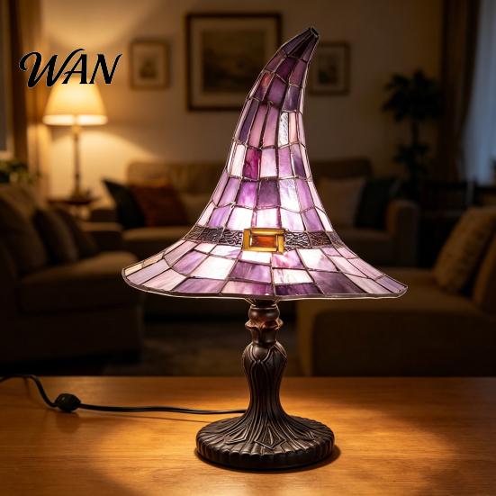 Retro Gothic Lighting Stained Glass Witch Hat Lamp, USB Powered Resin Night Light, Colored Lampshade Halloween Table Lamp for Bedroom Bookshelf Mantel