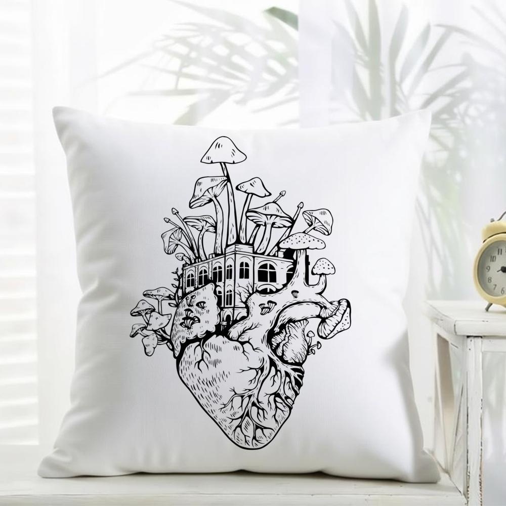 AAbstract Floral Heart Mushroom Pillow Art Cushion Cover Daily Washable Linen Pillowcase Soft for Sofa Bed Home Room Decor