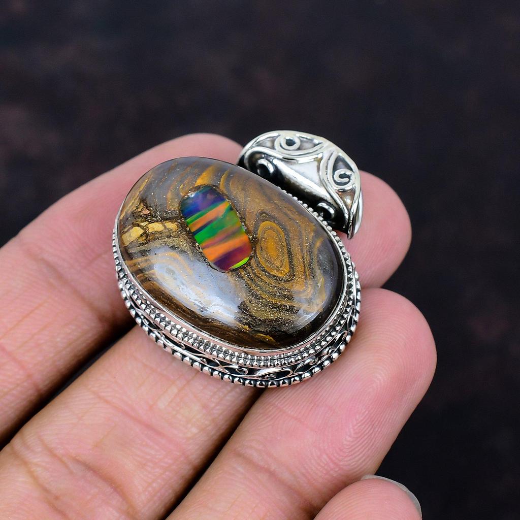 Эфиопский опал в кулоне из валунного опала, кулон с драгоценным камнем, кулон из стерлингового серебра 925 пробы, кулон ручной работы, подарки для жены, прекрасные винтажные украшения