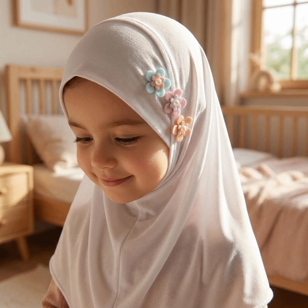 Stretch Little Girls Pull-On Hijab with Floral Ornament Head Cover Children