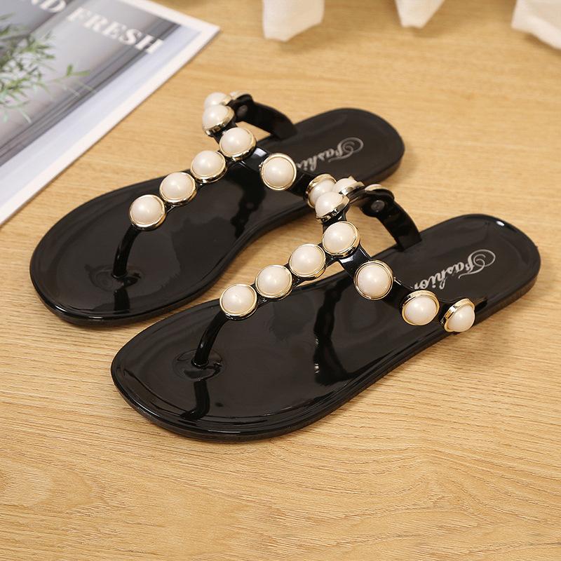 Herringbone Slippers for Women In Summer with Simple Flat Bottoms, Clippings, Women's Slippers with Pearl Decoration, Herringbone Slippers