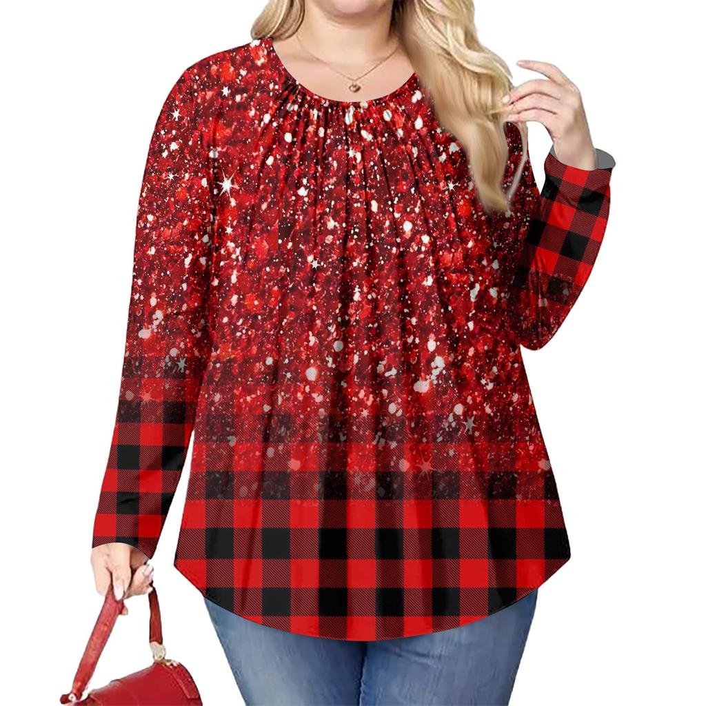 Women's Plus Size Fashion Printed Casual Pleated Round Neck Long Sleeve Top