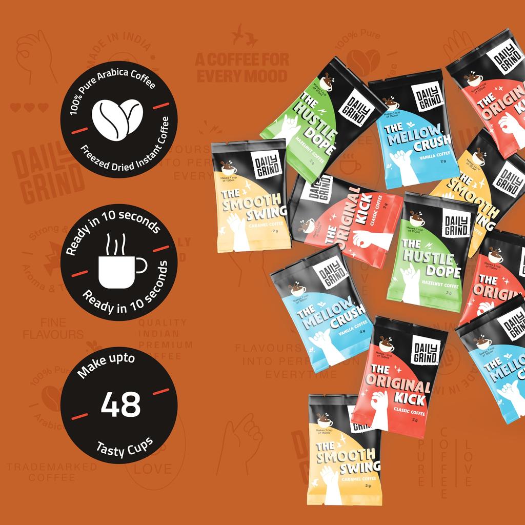 DAILYGRIND Instant Coffee Sachets - Pack of 48 | 4 Flavors (2g X 48) | Assorted Coffee Powder Sachets with Jar - Classic, Hazelnut, Vanilla