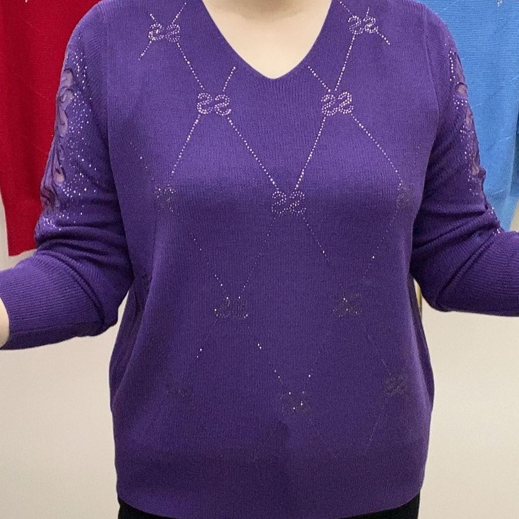 Весенне-осенний женский свитер с V-образным вырезом, свободного кроя, со стразами, ажурный вязаный пуловер