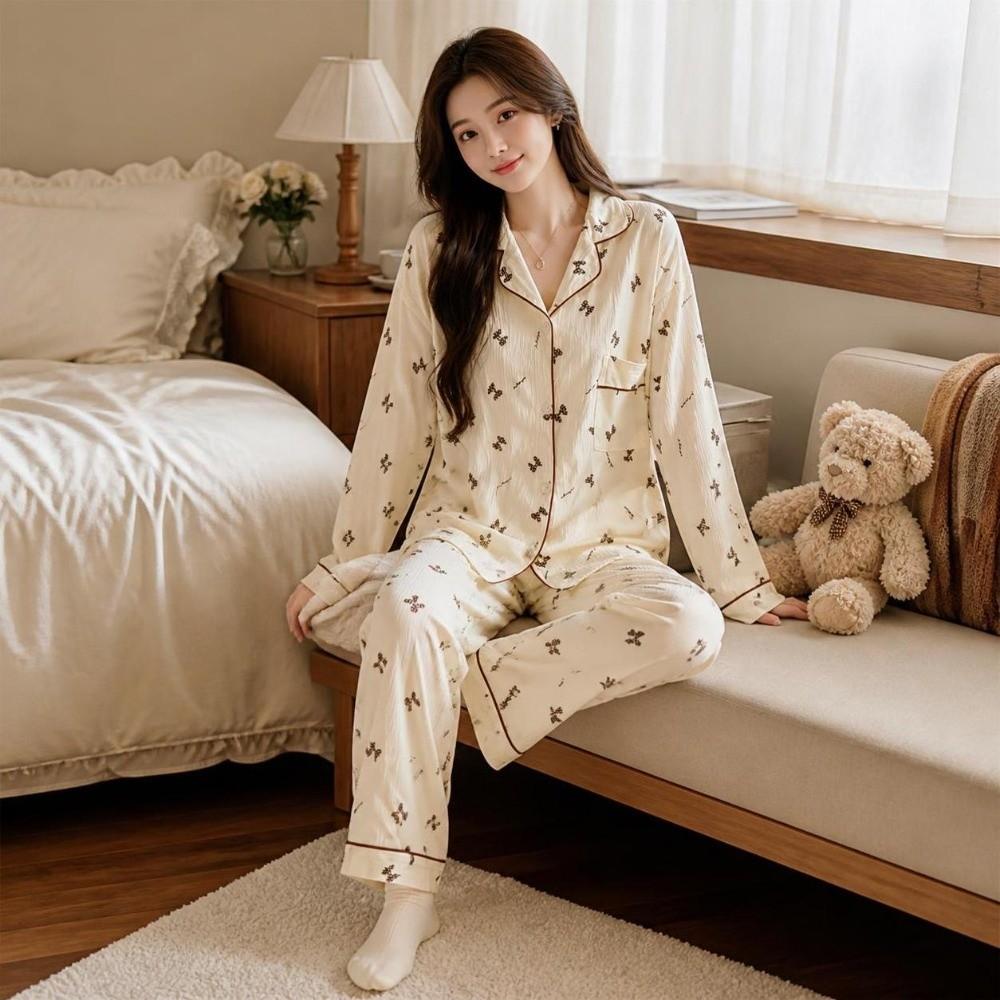Bow Long Pajama Set Bear Lady Nightwear Suit Comfortable Women's Loungewear Female