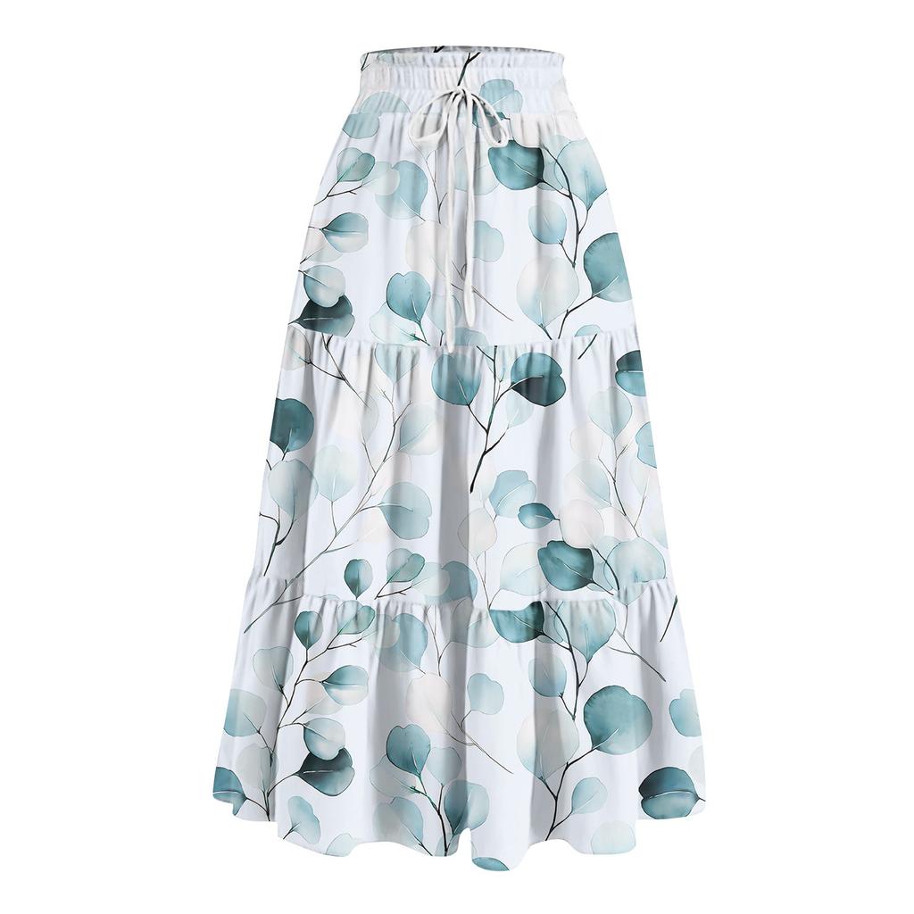 Women's Ruffled Spring Casual Long Skirt Plain Color Skirt Retro Pleated Skirt
