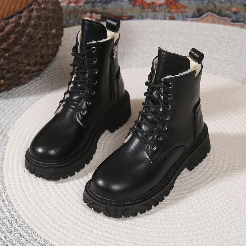 Черные ботильоны для женщин, модные зимние теплые плюшевые повседневные короткие ботинки, женские удобные ботинки из искусственной кожи для ходьбы 2024