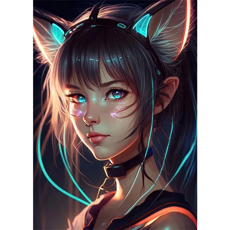 Неоновые аниме-кошки-девушки, постеры, принты, картины на холсте, манга, неоновые картины на холсте для современного дома, спальни для девочек, игровой декор