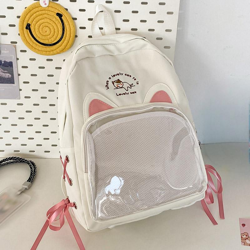 SCIONE New Transparent Schoolbag Large-capacity Contrast Ridge Protection Backpack Two-dimensional Cute Cartoon Cat Backpack