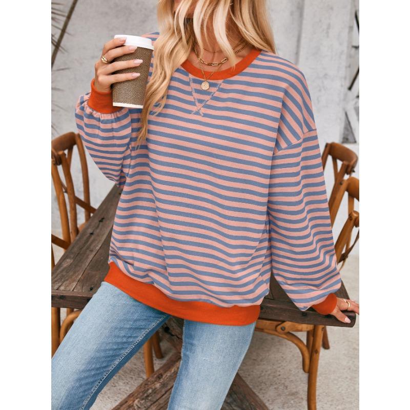 Simple Home Leisure New, Striped Pattern Round Neck Trend Long Sleeve, Pullover Color T-shirt