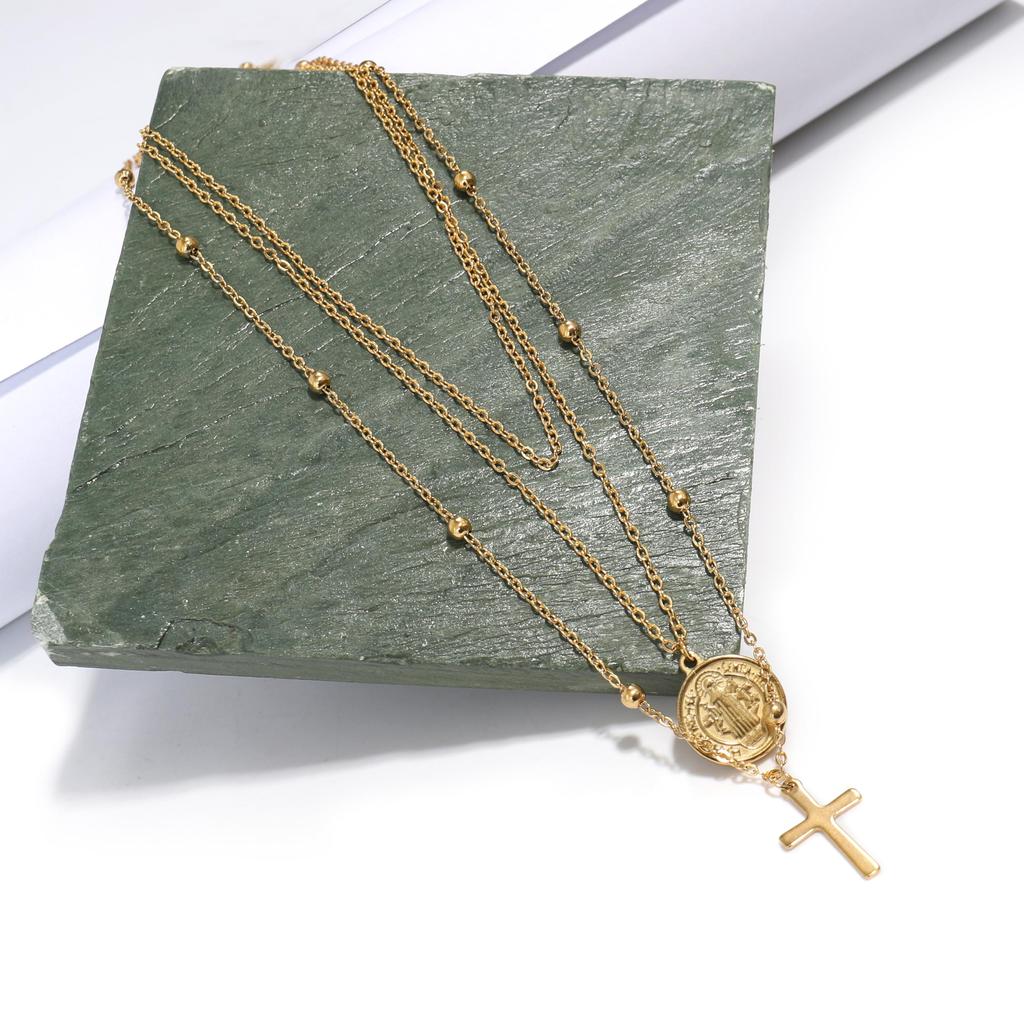 Магазин Назаре Многослойное ожерелье с крестом для женщин Классическое позолоченное 14 карат 18-дюймовое ожерелье Медаль Святого Бенедикта Защитный амулет Цепочка Золотой чокер