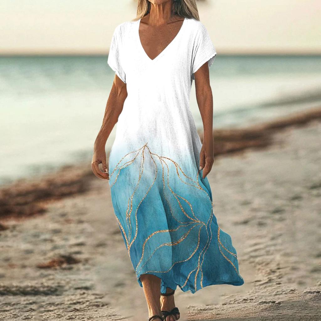 Fashion Women's Summer V-Neck Short Sleeve Floral Print Beach Dress