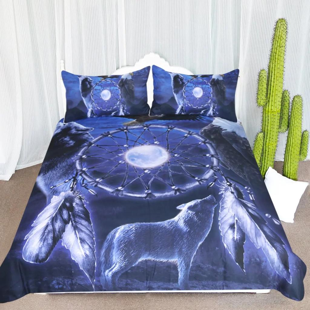Wolves Dreamcatcher Duvet Cover Set, Animal Prints Queen Size Comforter Cover, Dreamlike Vintage Feather Wolf Bedding 3pcs Sets