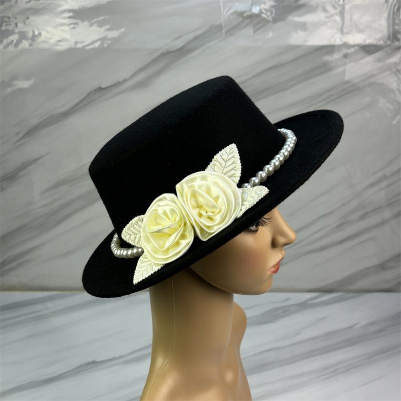 Elegant Pearl Flower Bridal Flat Top Hat For Lady