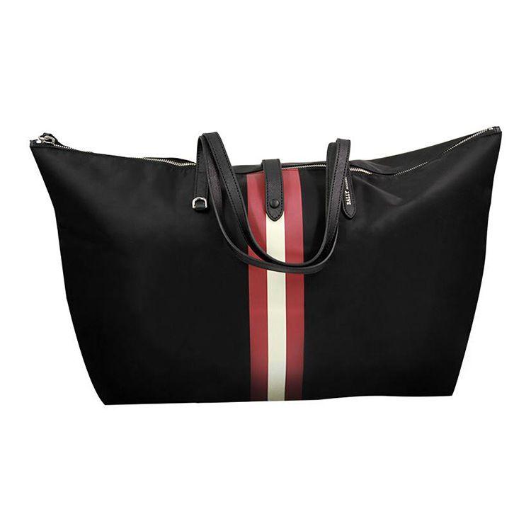 Bally Large Capacity Classic Red And White Striped Nylon And Leather Travel Tote Bag Unisex Tote Bag Black 6222887