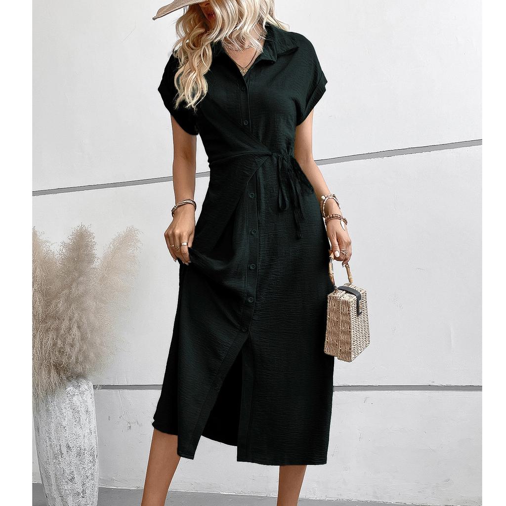 Женское свободное однотонное платье с высокой талией и короткими рукавами на пуговицах