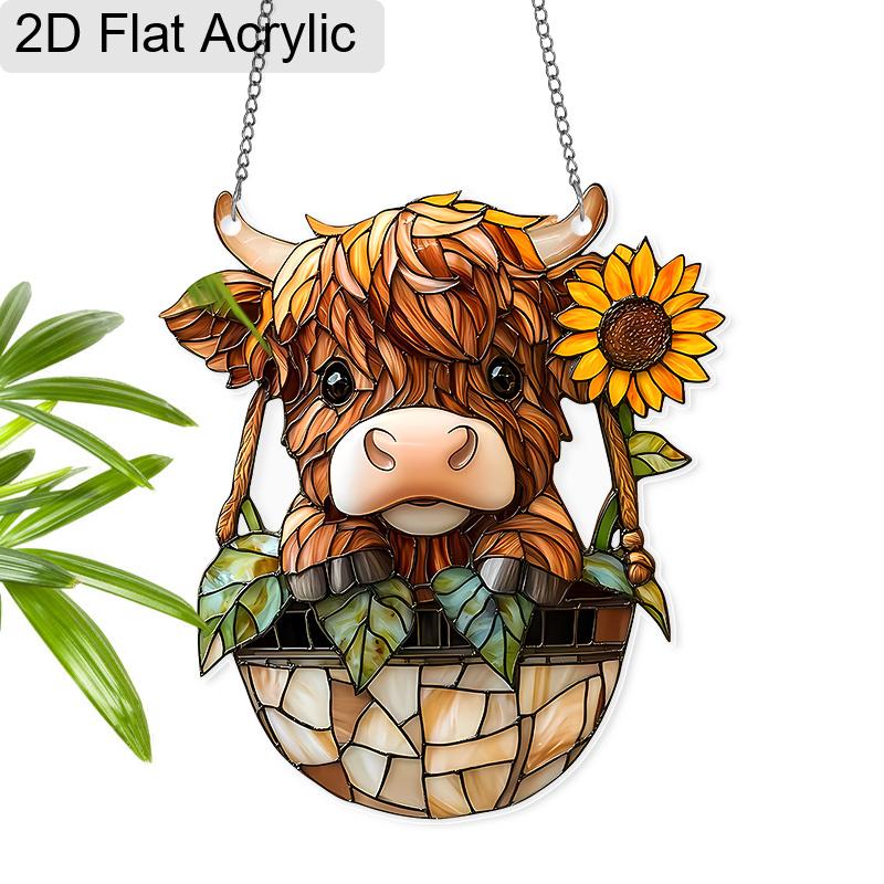Acrylic Highland Cow with Sunflower Suncatcher Stained Glass Effect Window Hanging Ornament Farm Animal Lover Gifts