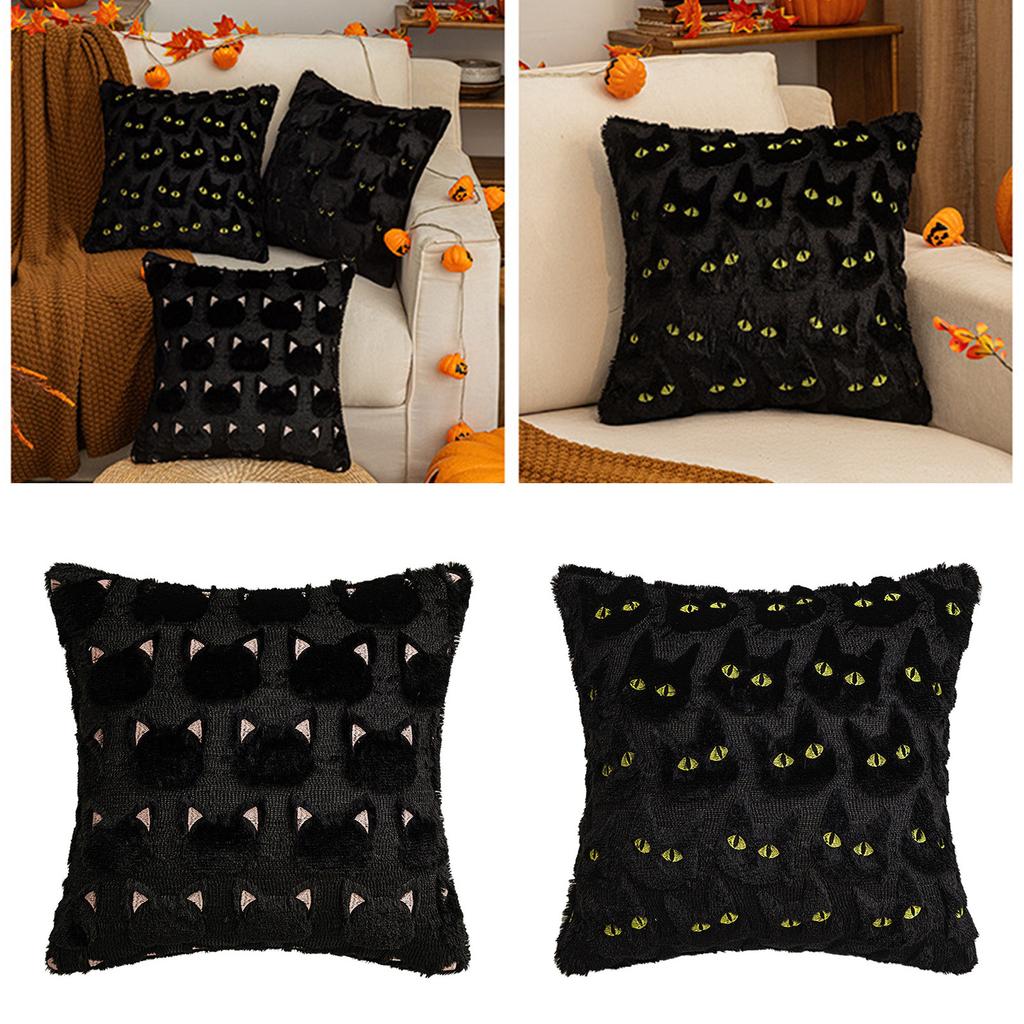 Black Cat Design Plush Pillowcase Soft Tufted Faux Fur Cushion Cover Halloween Home Decor For Spooky Theme Parties