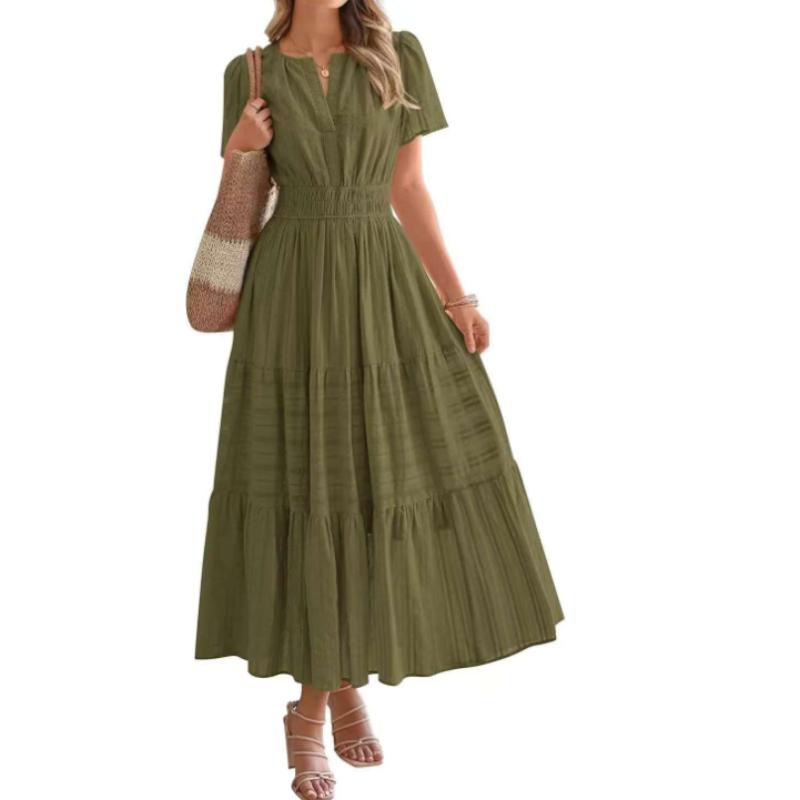 Женское платье с V-образным вырезом, плиссированными рукавами-фонариками, короткими рукавами, уличное модное платье