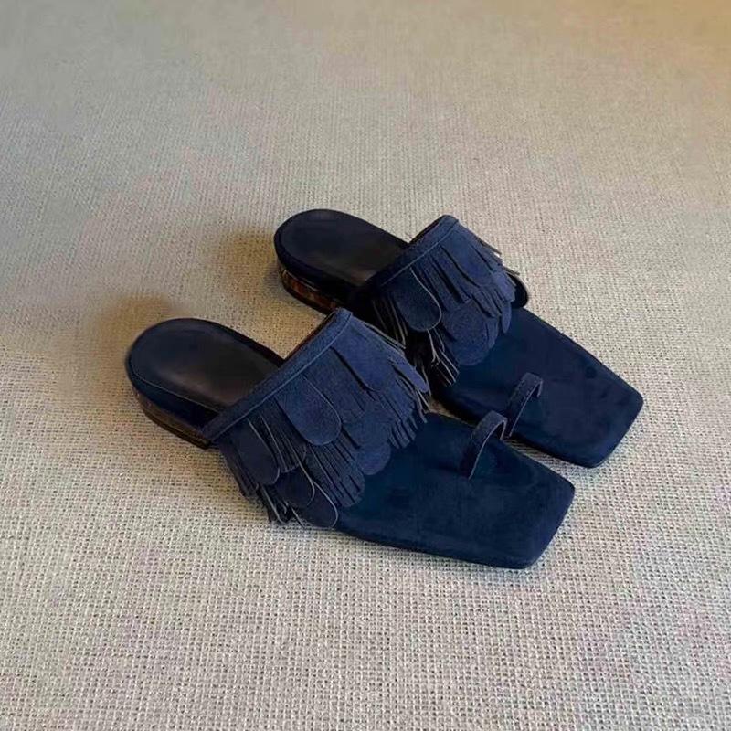 Версия из овчины~ нишевые замшевые тапочки с кисточками на низком каблуке с квадратным носком, женская обувь 2025, летние прохладные тапочки