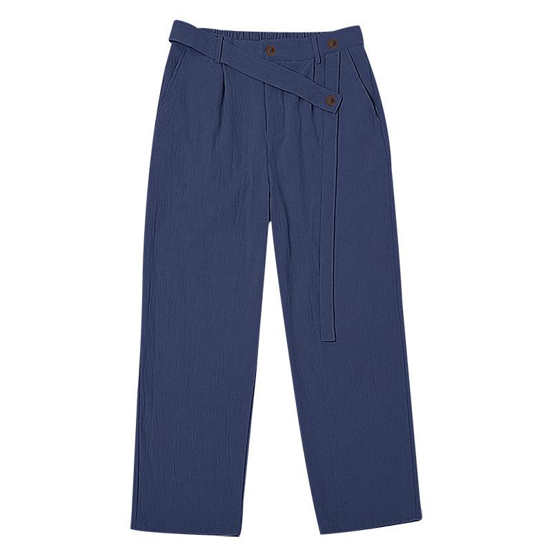 Men’s Fashionable Linen Asymmetrical Tie-Fastening Belt and Linen Casual Wide-Leg Trousers
