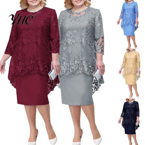 Lady Evening Dress O-neck High-Waist Plus Size Midi Embroidery Lace 3/4 Sleeve Female Clothing